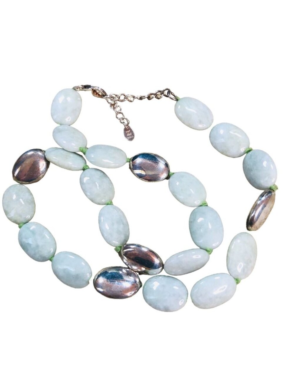 Designer BSJ Womens Necklace Green Jade Sterling Silver Nugget Bead